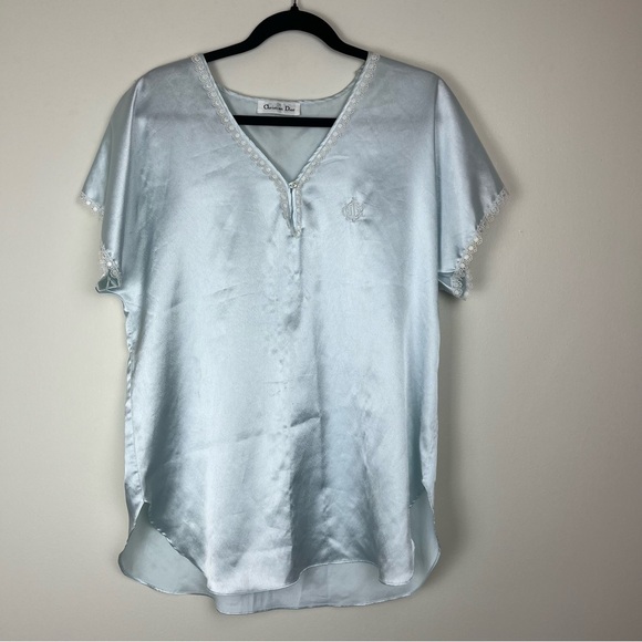 Vintage Christian Dior Satin Lace Embroidered Logo Light Baby Blue Sleep Shirt - Picture 1 of 7